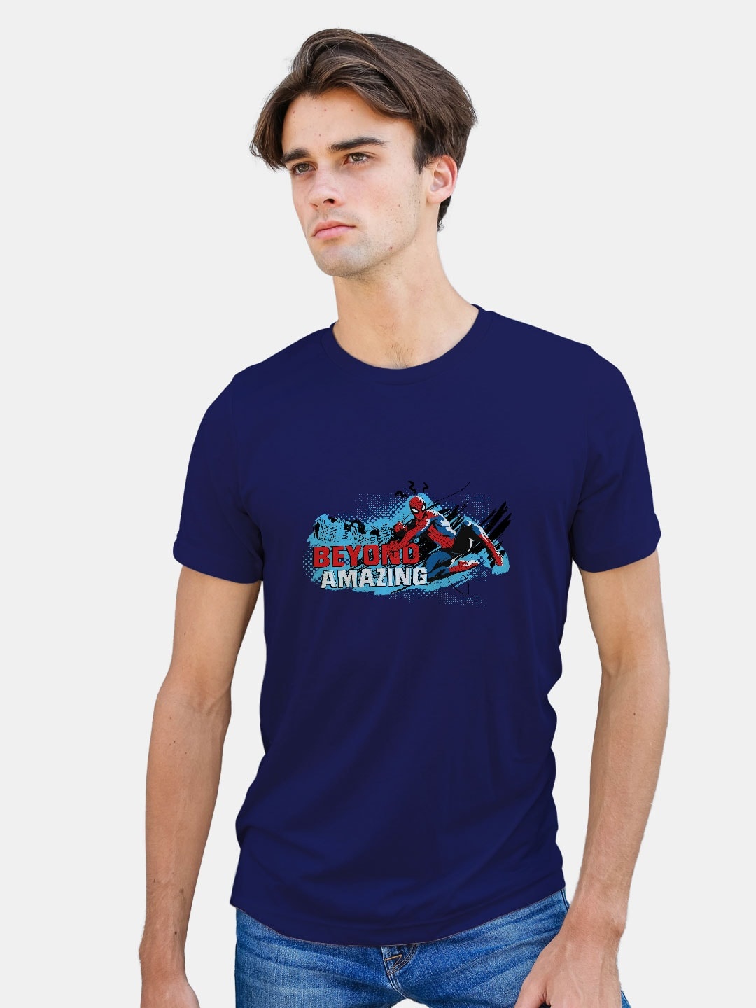 

macmerise Spider-Man Graphic Printed Round Neck Bio Finish Cotton T-shirt, Navy blue