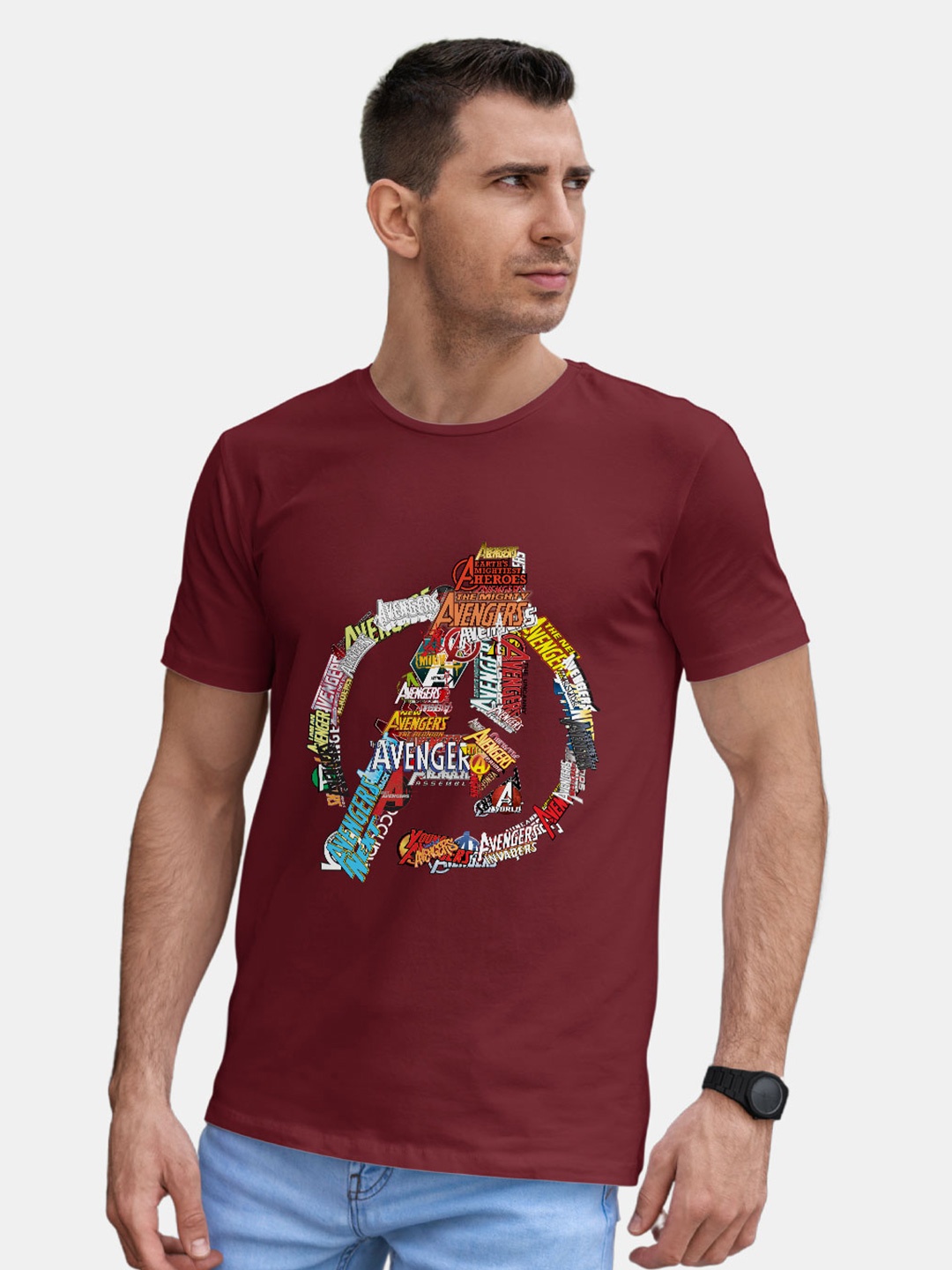

macmerise Avengers Typography Printed Round Neck Bio Finish Cotton T-shirt, Red
