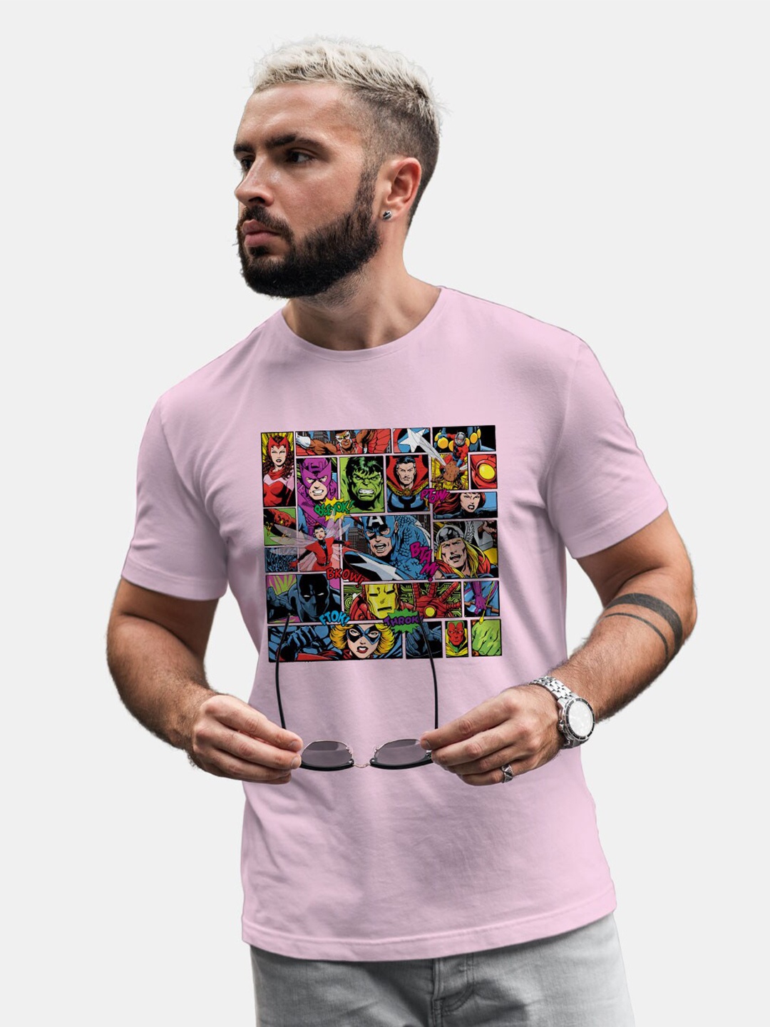 

macmerise Marvel Comic Printed Cotton Bio Finish T-shirt, Pink