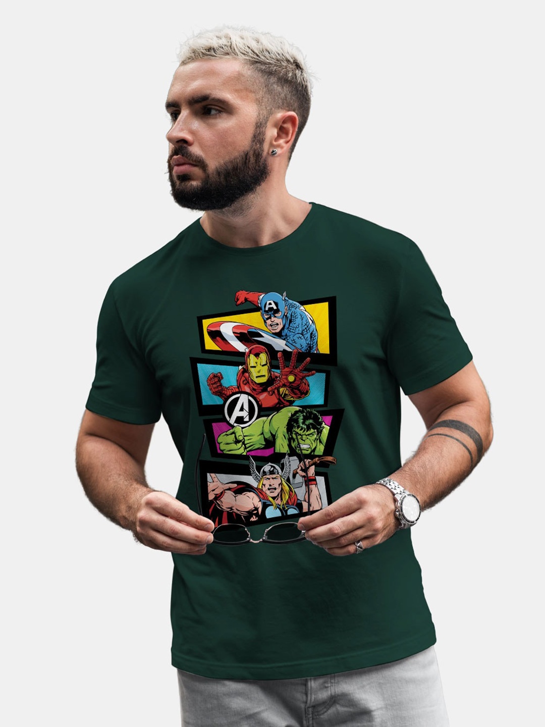 

macmerise Men Green Avengers Printed Bio Finish Applique T-shirt