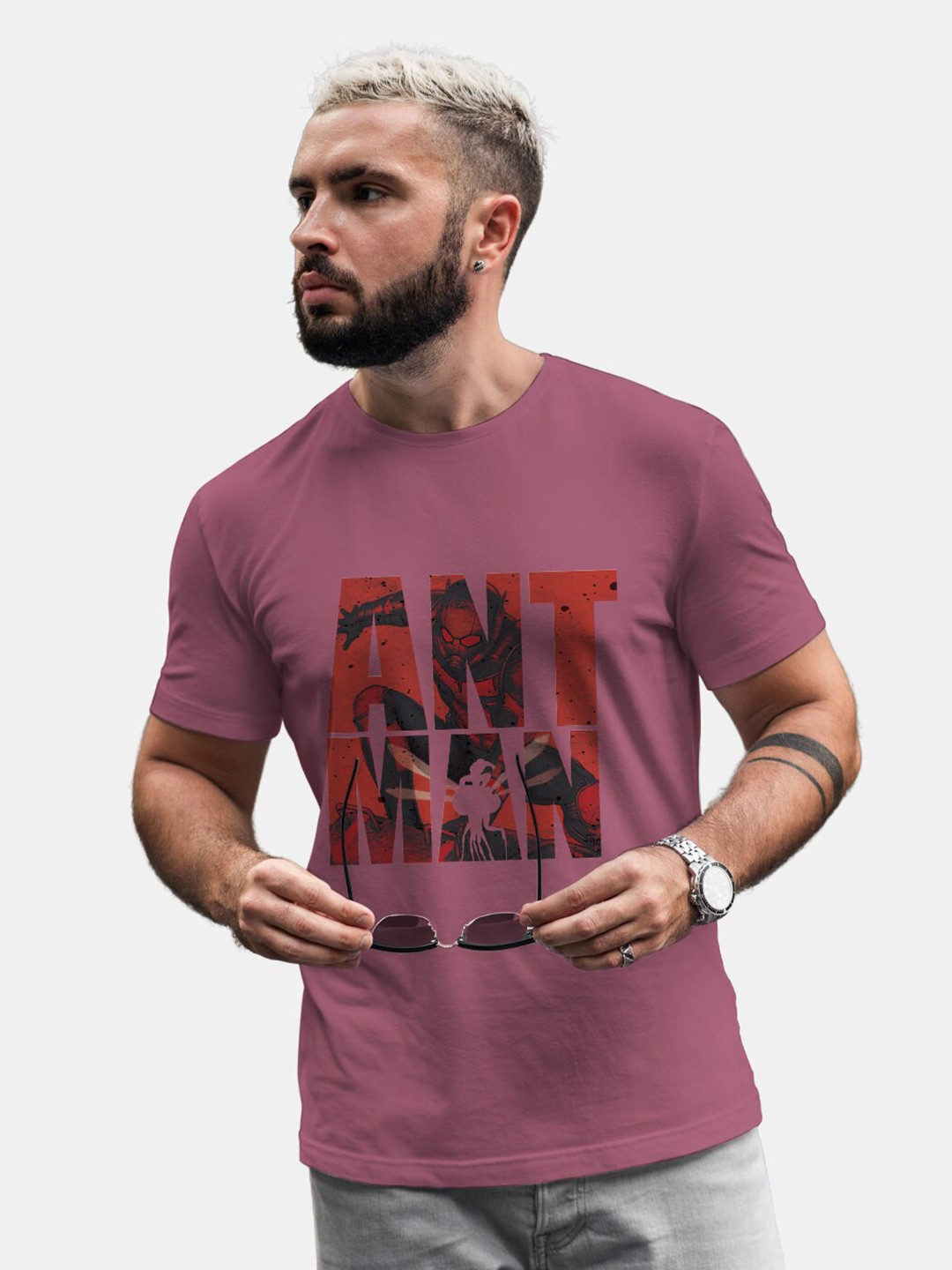 

macmerise Ant-Man Typography Printed Round Neck Bio Finish Cotton T-shirt, Mauve