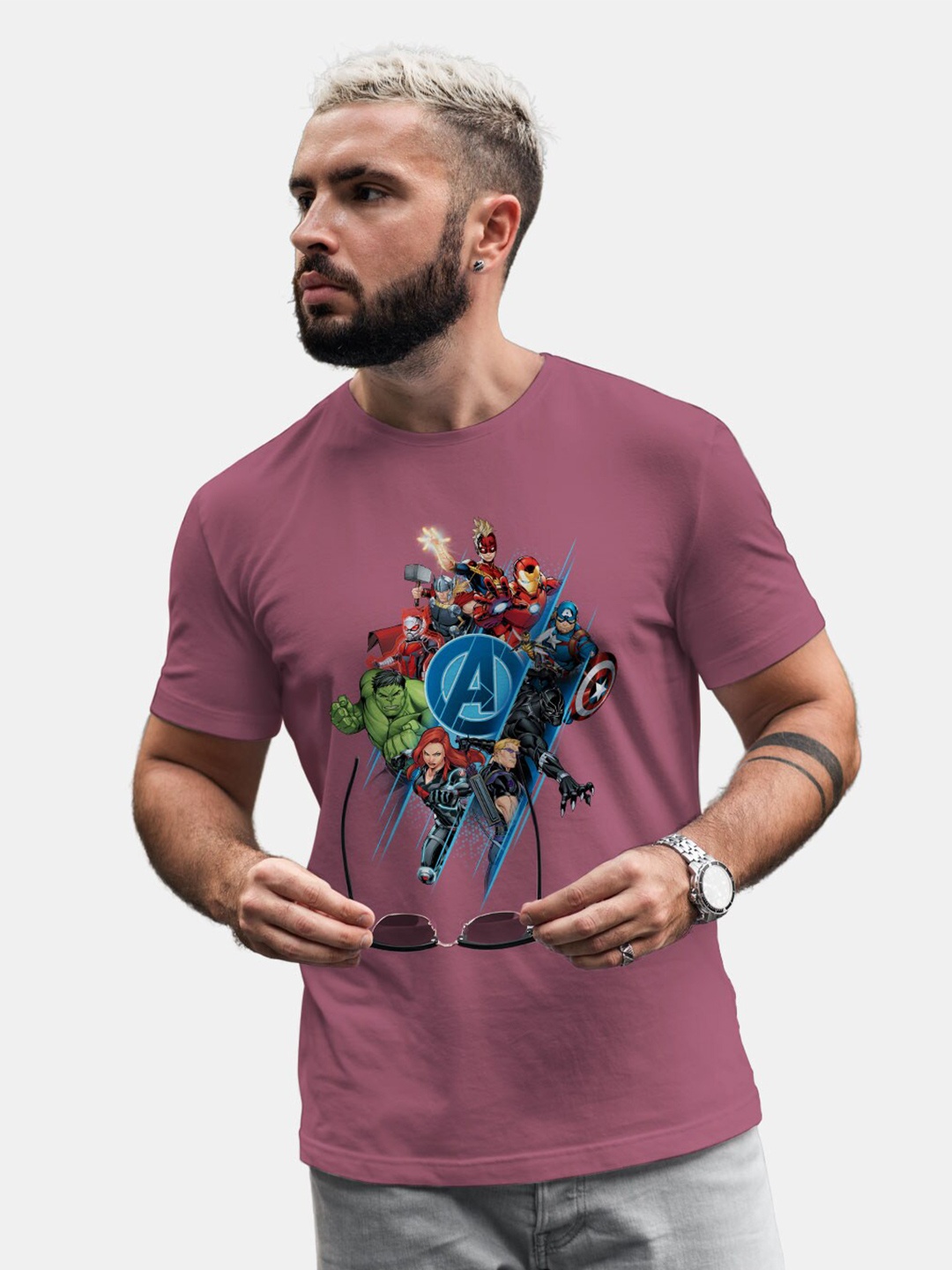 

macmerise Avengers Printed Round Neck Bio Finish Cotton T-shirt, Mauve