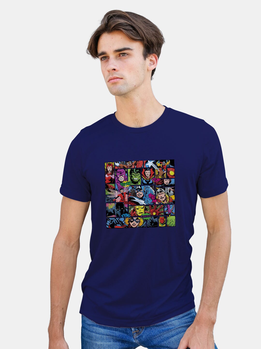 

macmerise Avengers Printed Round Neck Bio Finish Cotton T-shirt, Navy blue