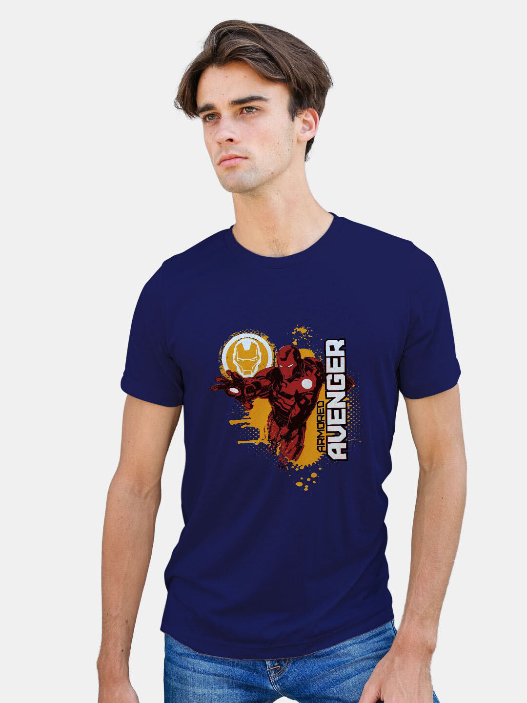 

macmerise Iron Man Graphic Printed Round Neck Bio Finish Cotton T-shirt, Navy blue