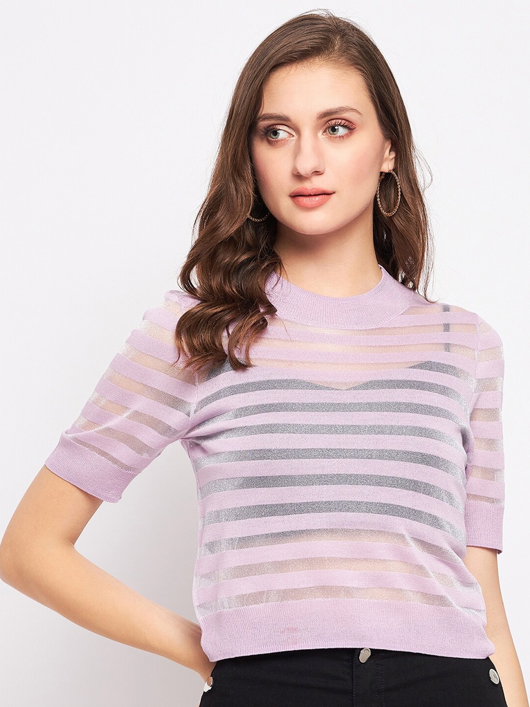 

Madame Round Neck Striped Sheer Regular Top, Mauve