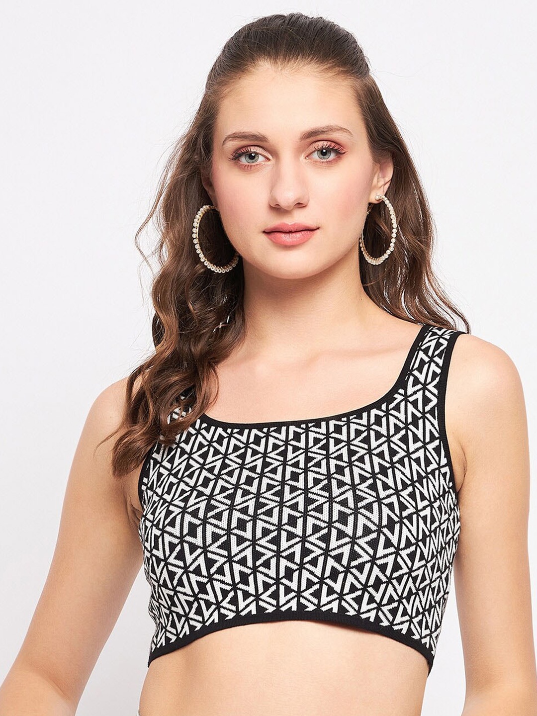 

Madame Geometric Printed Sleeveless Crop Top, Black