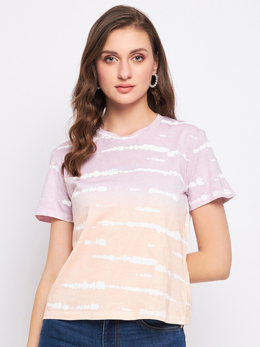 

Madame Round Neck Tie and Dye Printed Cotton Top, Peach