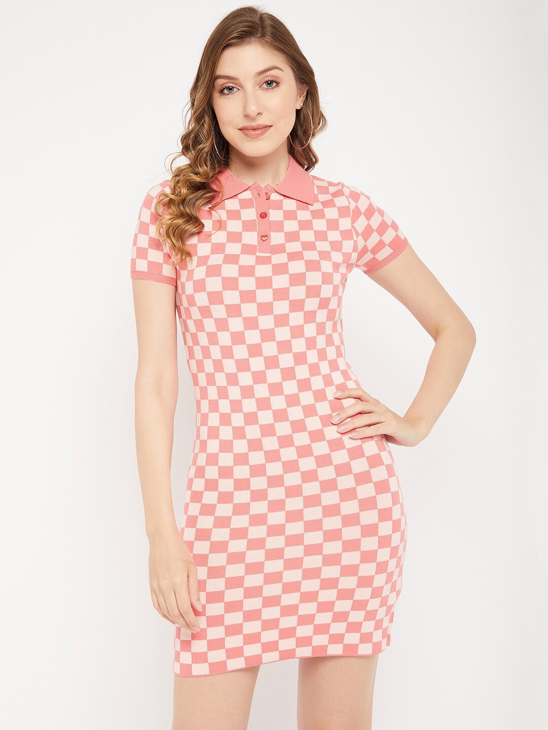 

Madame Shirt Collar Checked Dress, Peach