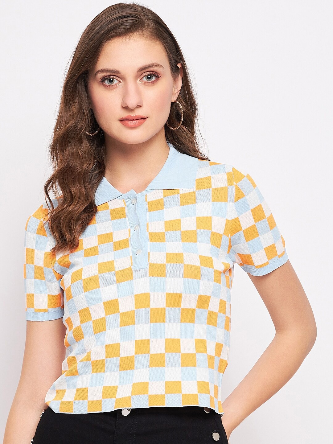 

Madame Checked Polo Collar T-Shirt, Orange