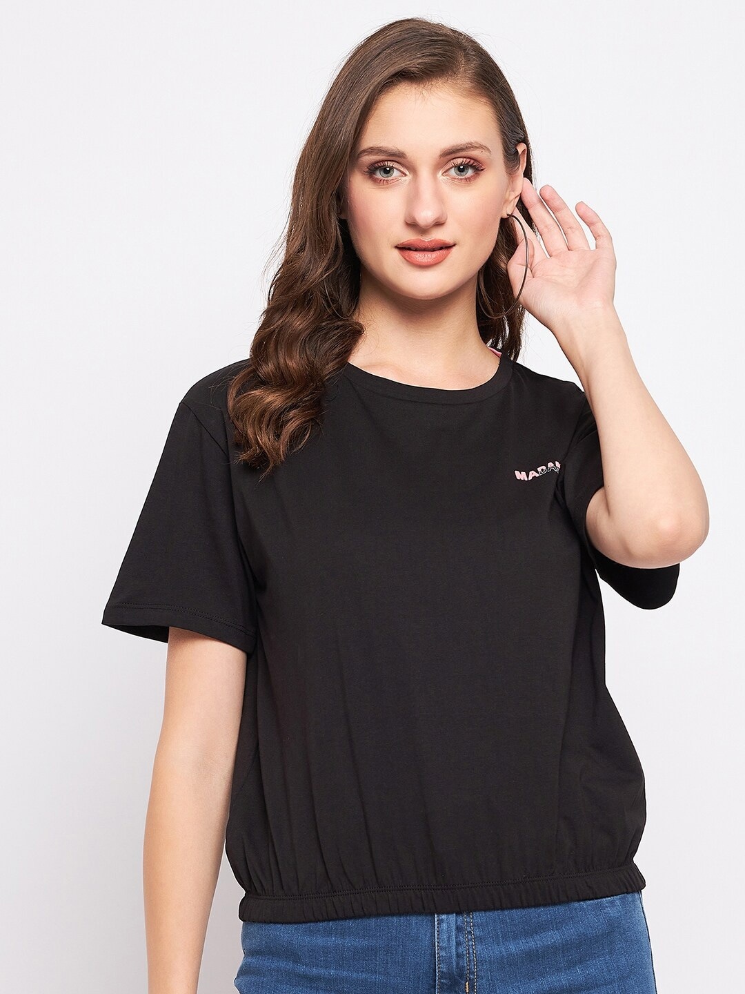 

Madame Round Neck Cotton Blouson Top, Black