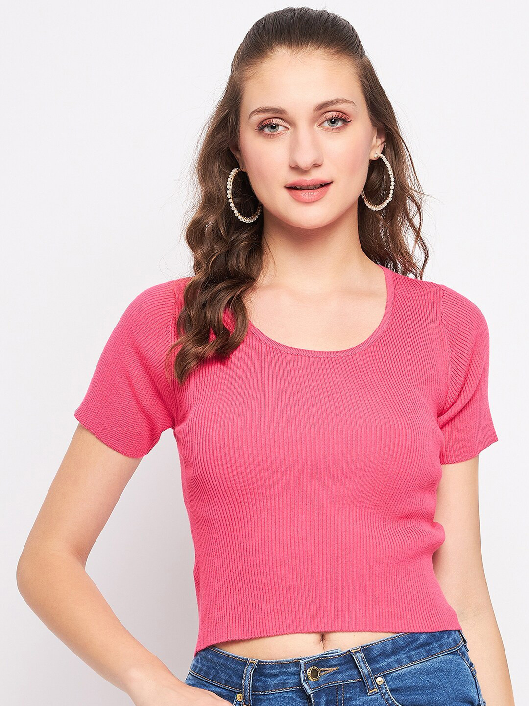 

Madame Round Neck Fitted Crop Top, Pink