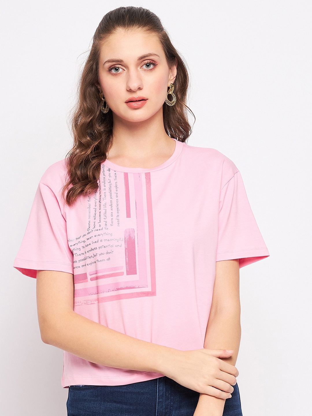 

Madame Typography Printed Round Neck Sleeves Cotton Boxy Top, Pink