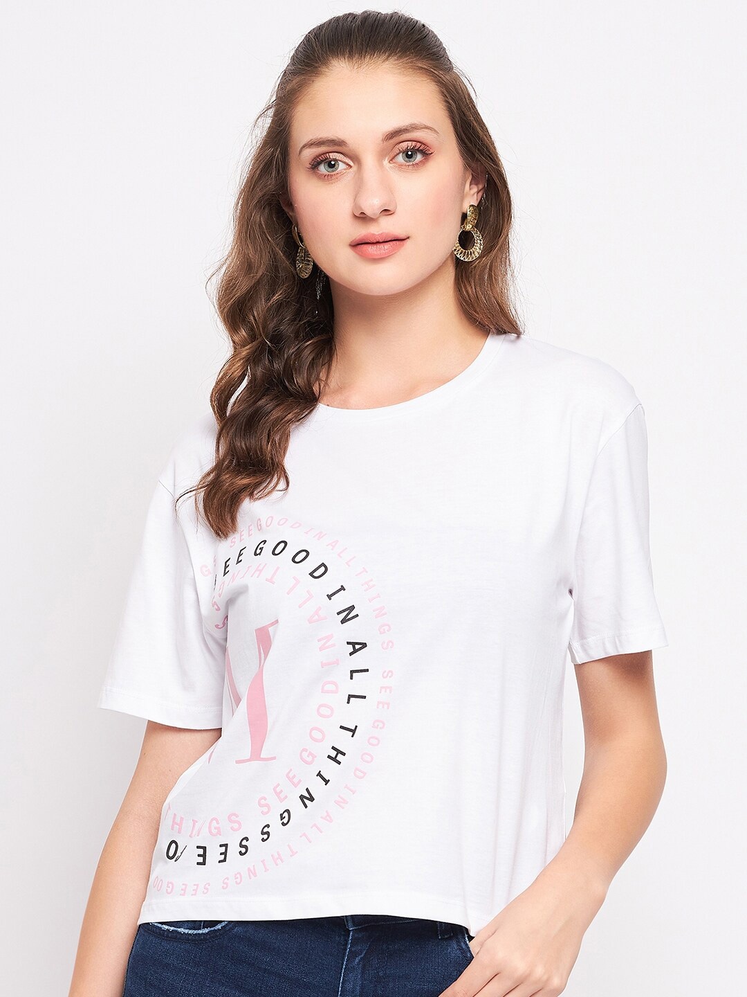 

Madame Round Neck Typography Printed Cotton Top, White