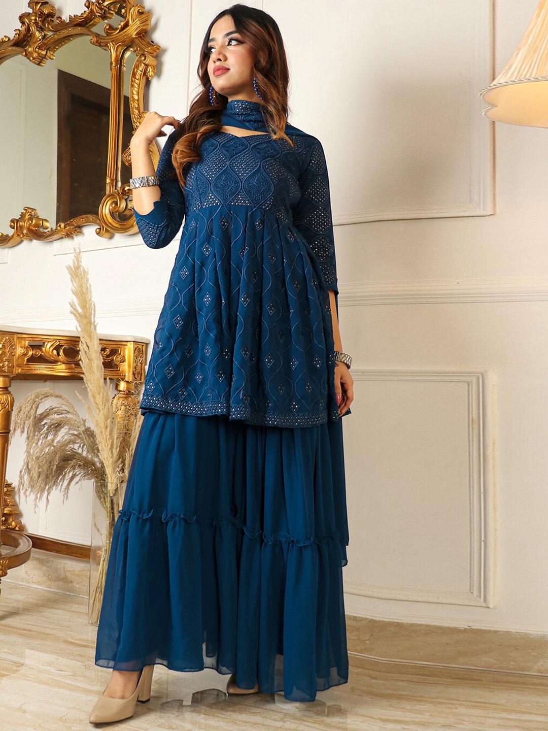 

Virah Fashion Ethnic Motifs Embroidered Sequined Kurti with Sharara & Dupatta, Blue