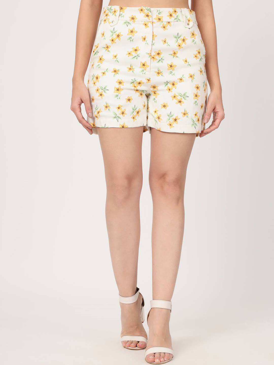 

Beatnik Women Floral Printed High-Rise Cotton Regular Shorts, Off white