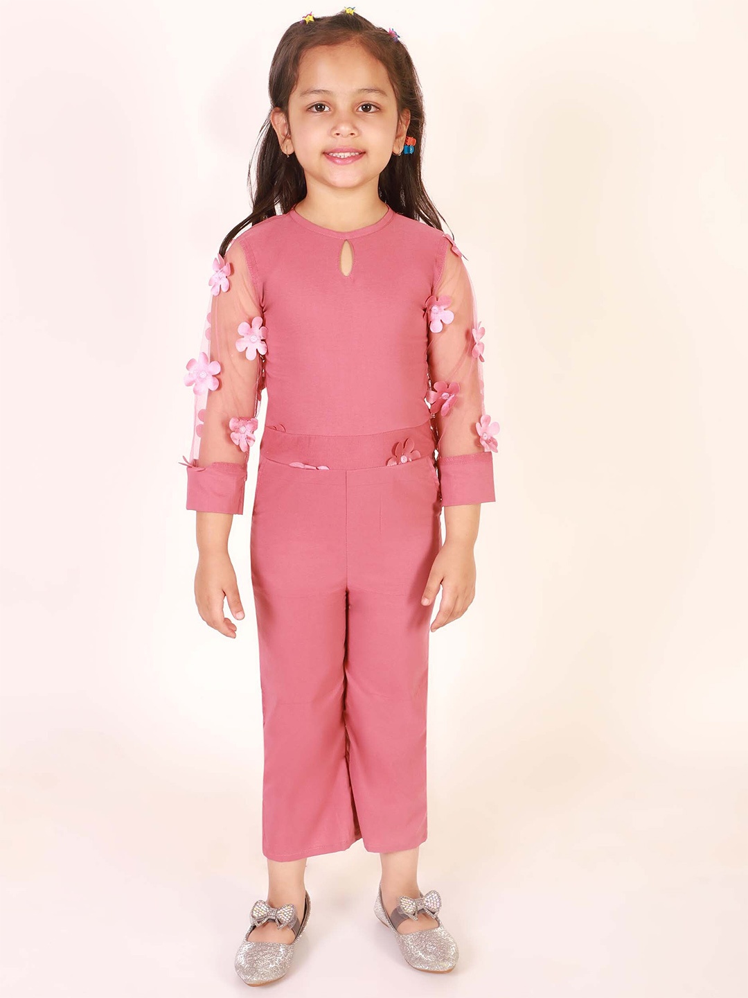 

Ameeha Girls Keyhole Neck 3/4th Sleeves Basic Jumpsuit, Pink