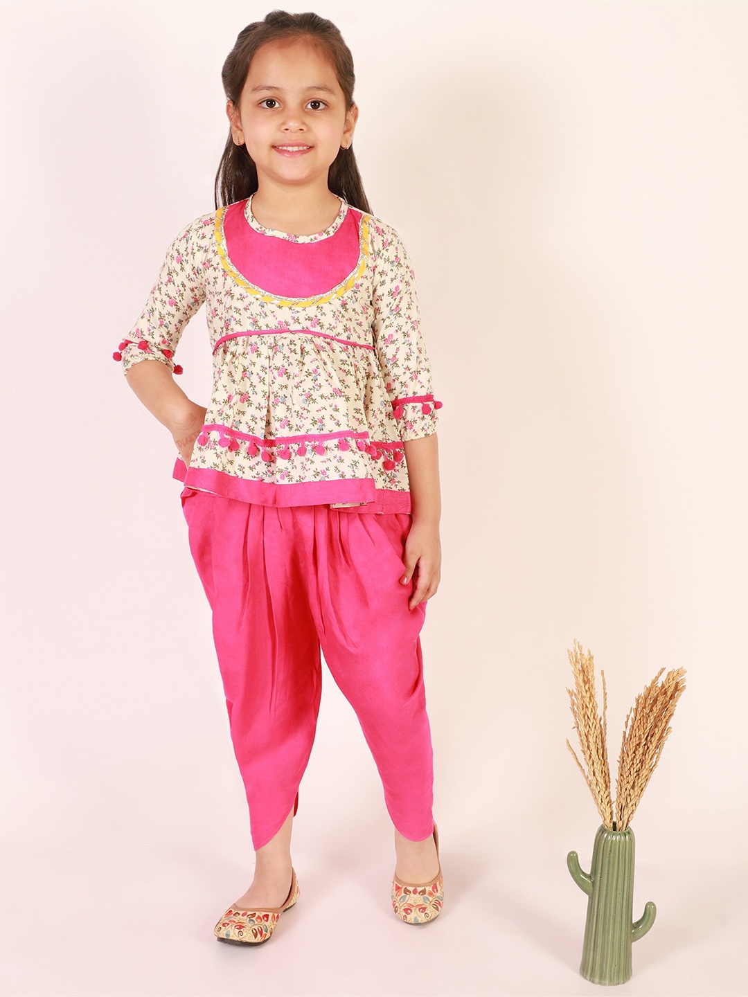 

Ameeha Girls Floral Printed Gotta Patti A-Line Kurti with Dhoti Pants, Pink