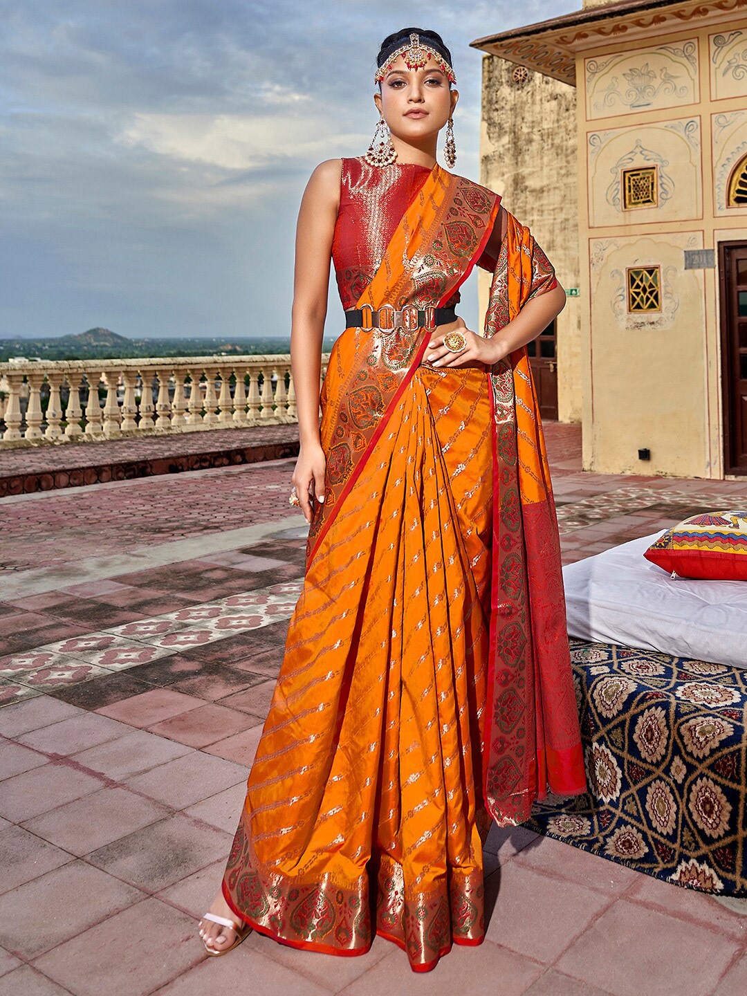 

Satrani Floral Woven Design Zari Banarasi Saree, Orange