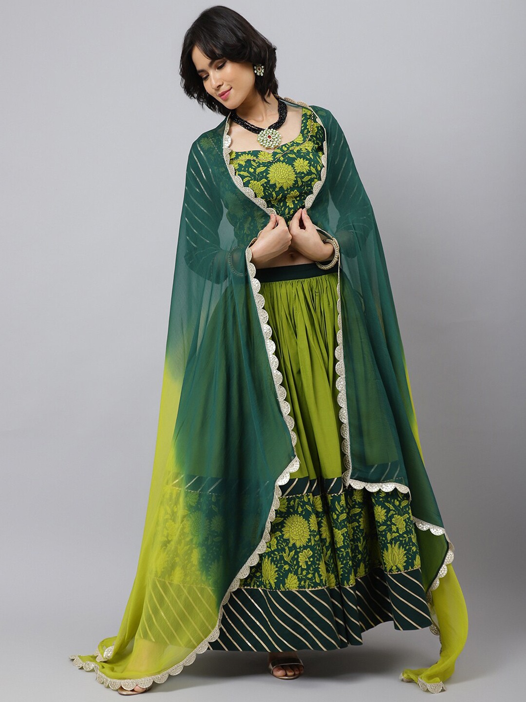 

Khushal K Floral Printed Cotton Lehenga & Blouse With Dupatta, Green
