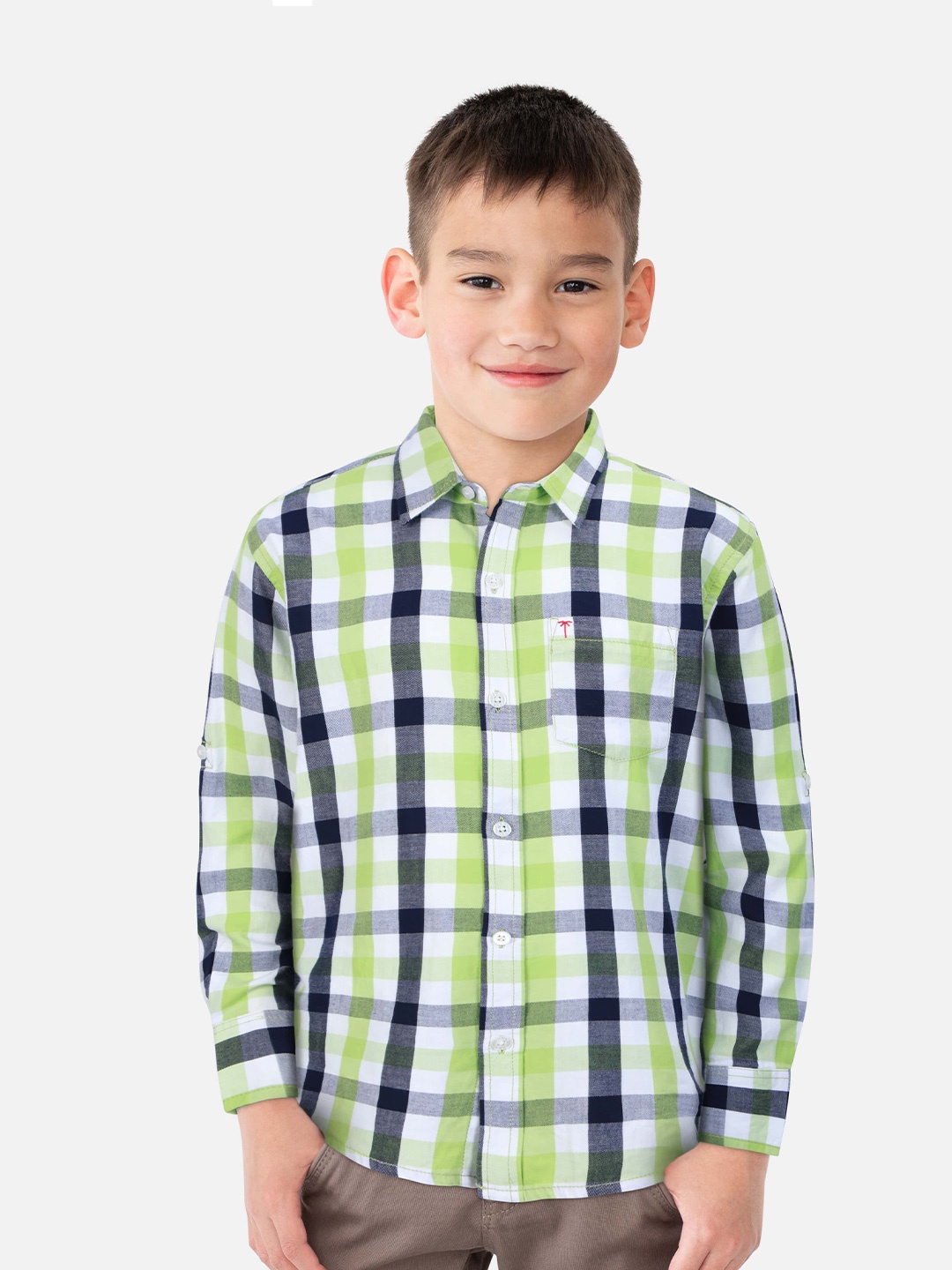 

Palm Tree Boys Buffalo Checks Cotton Casual Shirt, Green