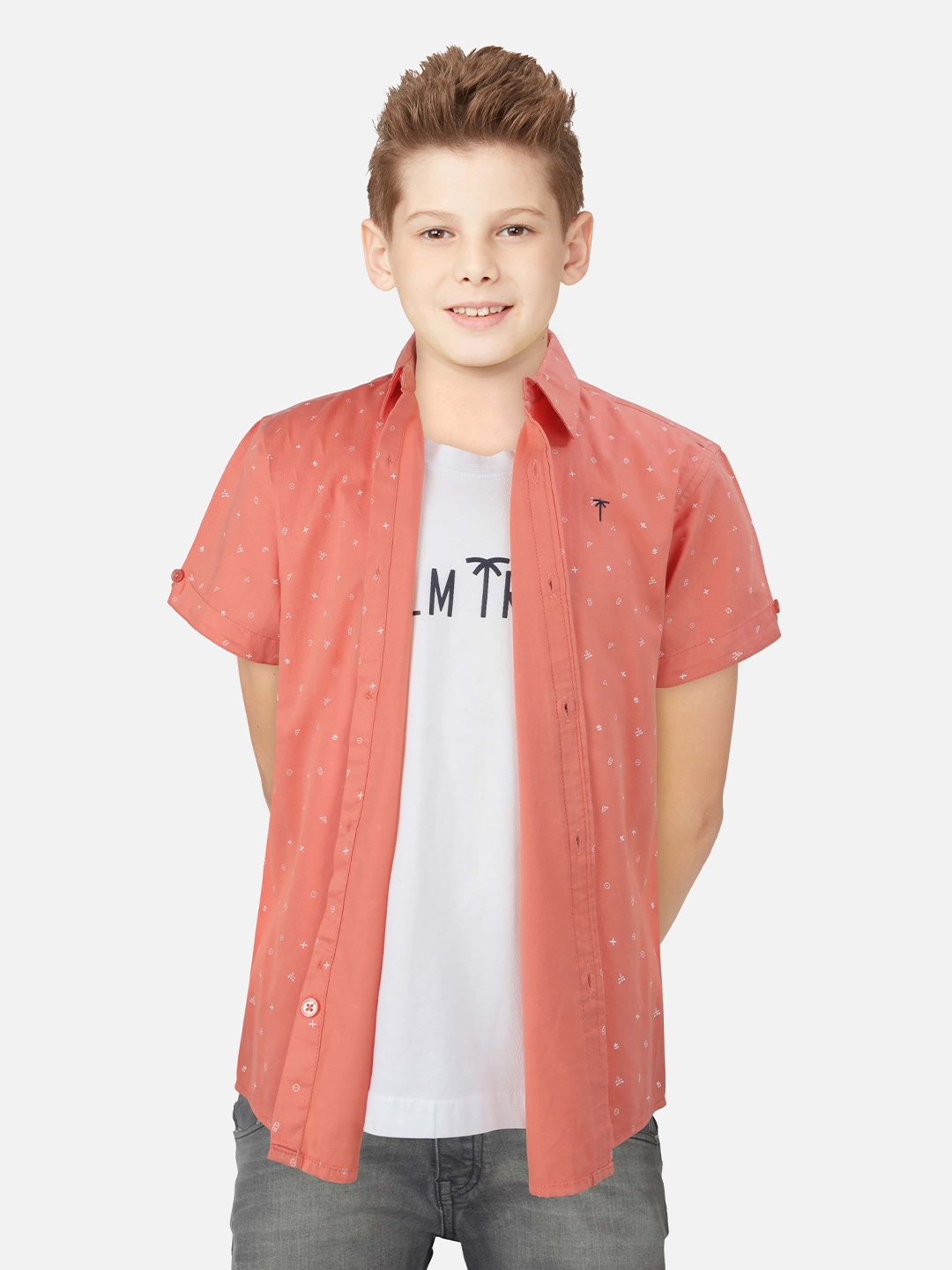

Palm Tree Boys Conversational Printed Opaque Casual Shirt, Coral