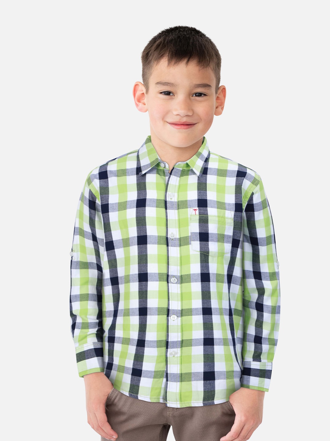 

Palm Tree Infant Boys Checked Spread Collar Long Sleeves Opaque Casual Shirt, Green