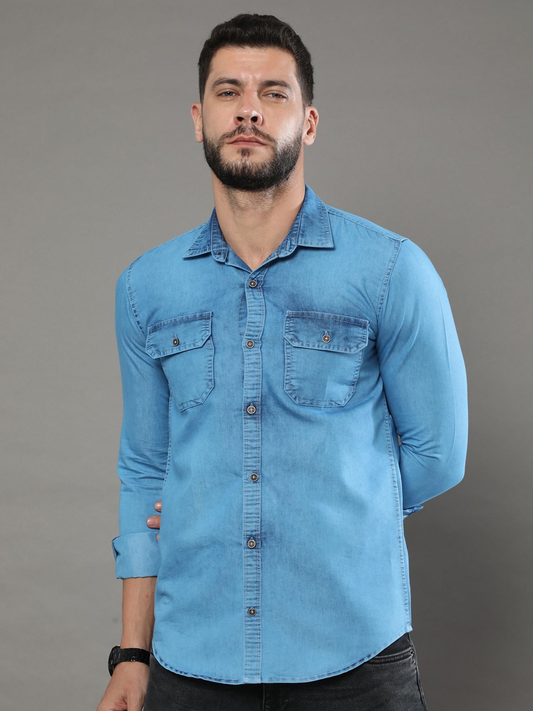 

CAZZBA Denim Spread Collar Casual Shirt, Blue