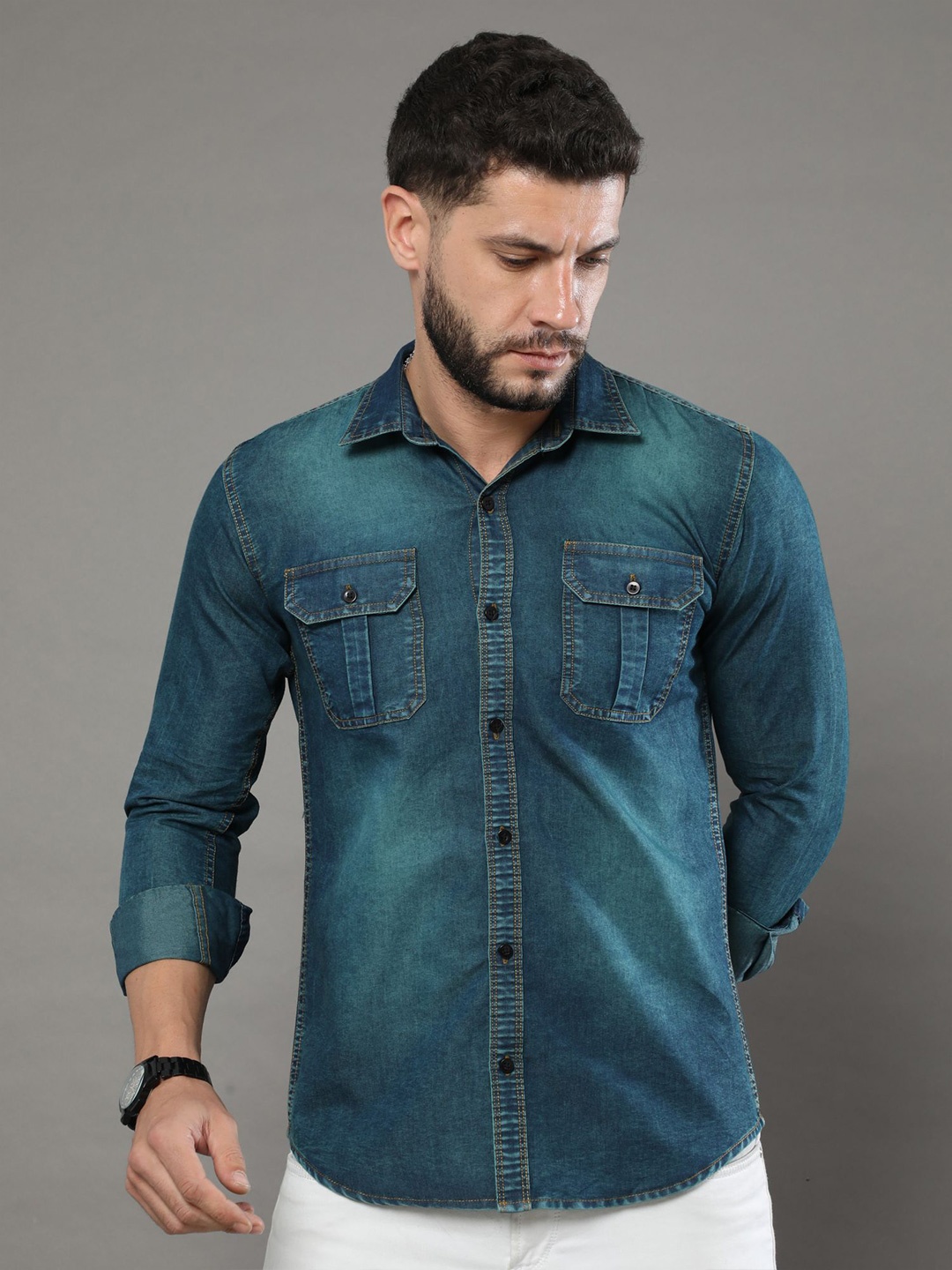 

CAZZBA Spread Collar Faded Denim Casual Shirt, Blue
