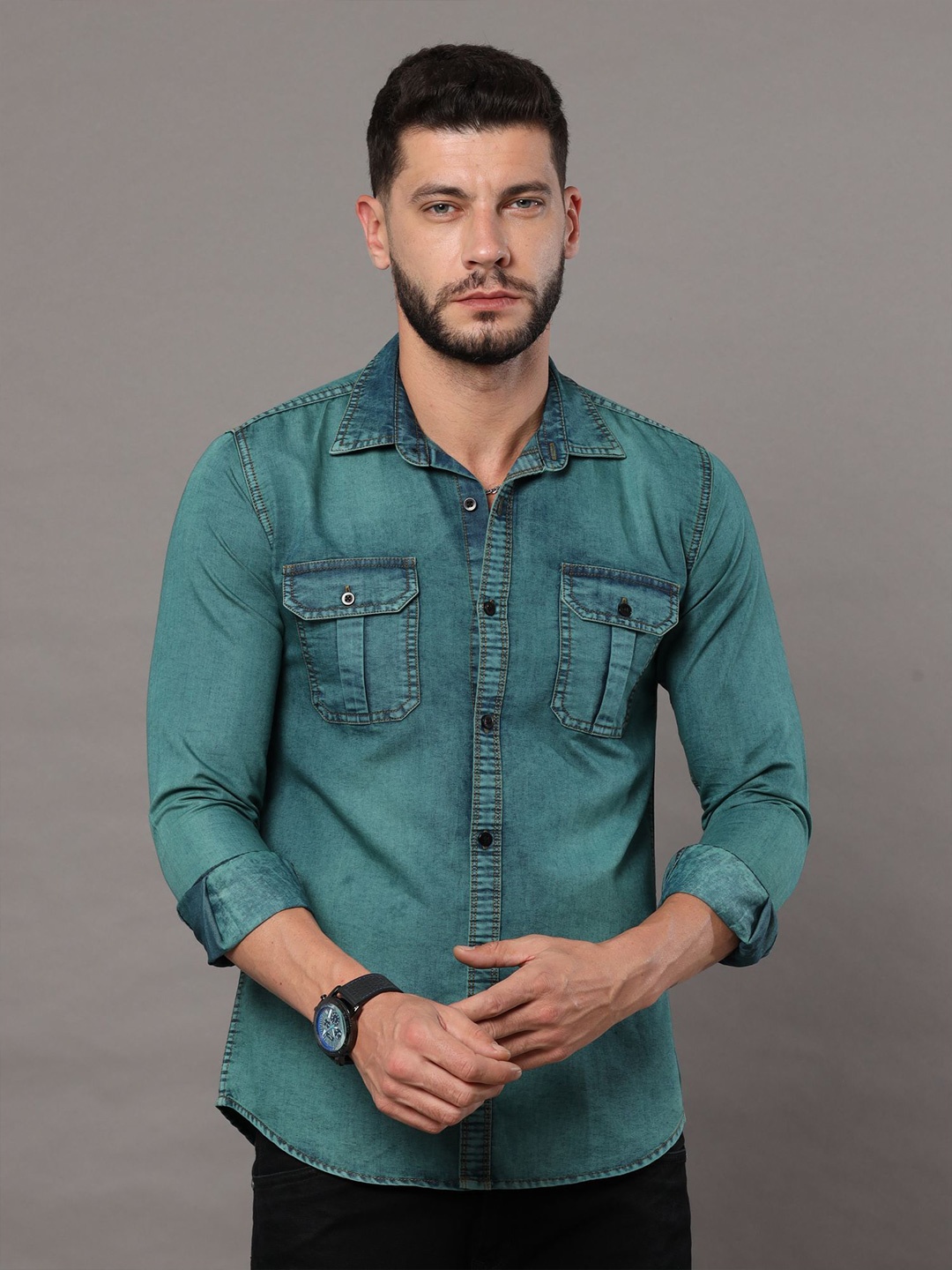

CAZZBA Spread Collar Faded Denim Casual Shirt, Blue