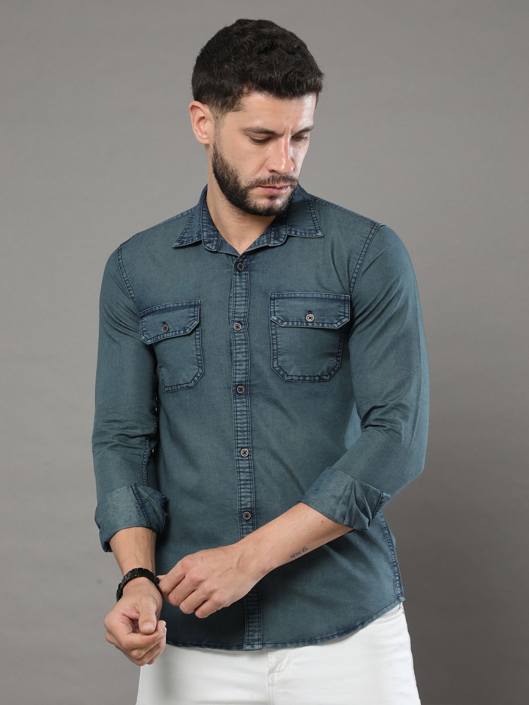 

CAZZBA Denim Spread Collar Casual Shirt, Blue