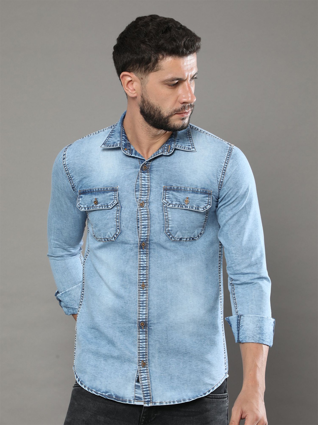 

CAZZBA Spread Collar Faded Denim Casual Shirt, Blue