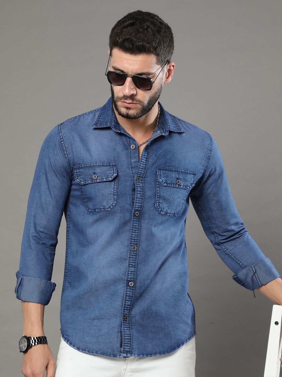 

CAZZBA Spread Collar Denim Casual Shirt, Blue