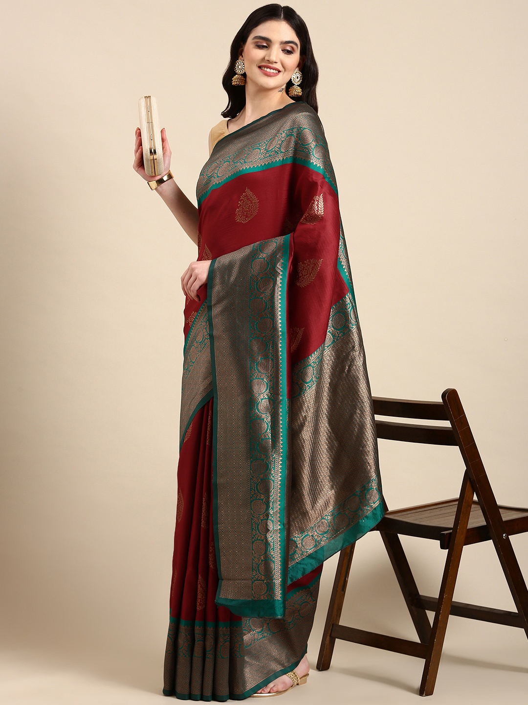 

HERE&NOW Floral Jacquard Banarasi Saree, Red