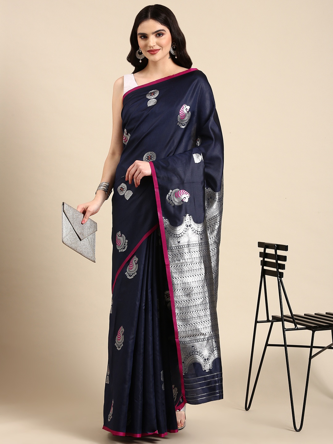 

HERE&NOW Ethnic Motifs Jacquard Banarasi Saree, Navy blue