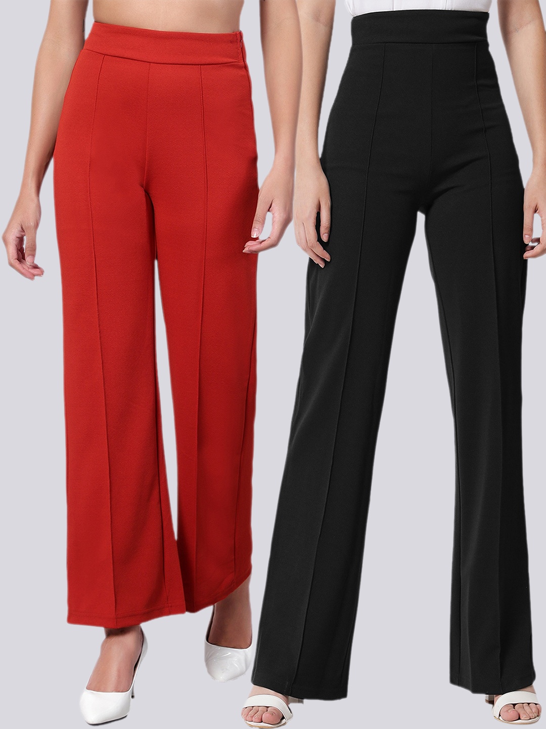 

Kotty Women Pack Of 2 Relaxed Straight Leg High-Rise Easy Wash Parallel Trousers, Orange