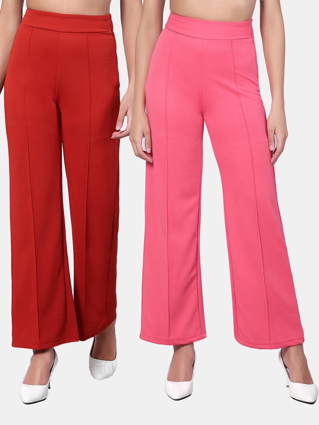 

Kotty Women Pack Of 2 Straight Fit High-Rise Easy Wash Trousers, Red