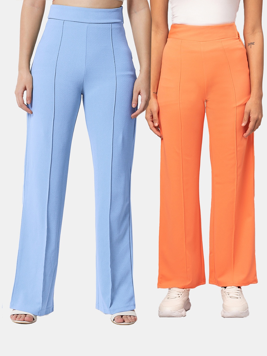 

Kotty Women Pack Of 2 Straight Fit High-Rise Easy Wash Trousers, Blue