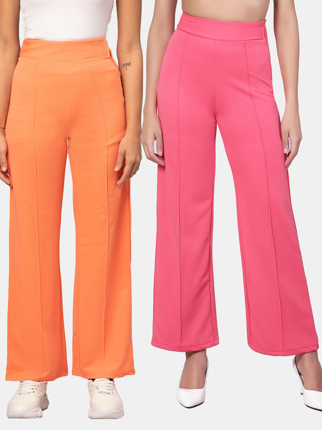 

Kotty Women Pack Of 2 Relaxed Straight Leg High-Rise Easy Wash Parallel Trousers, Coral