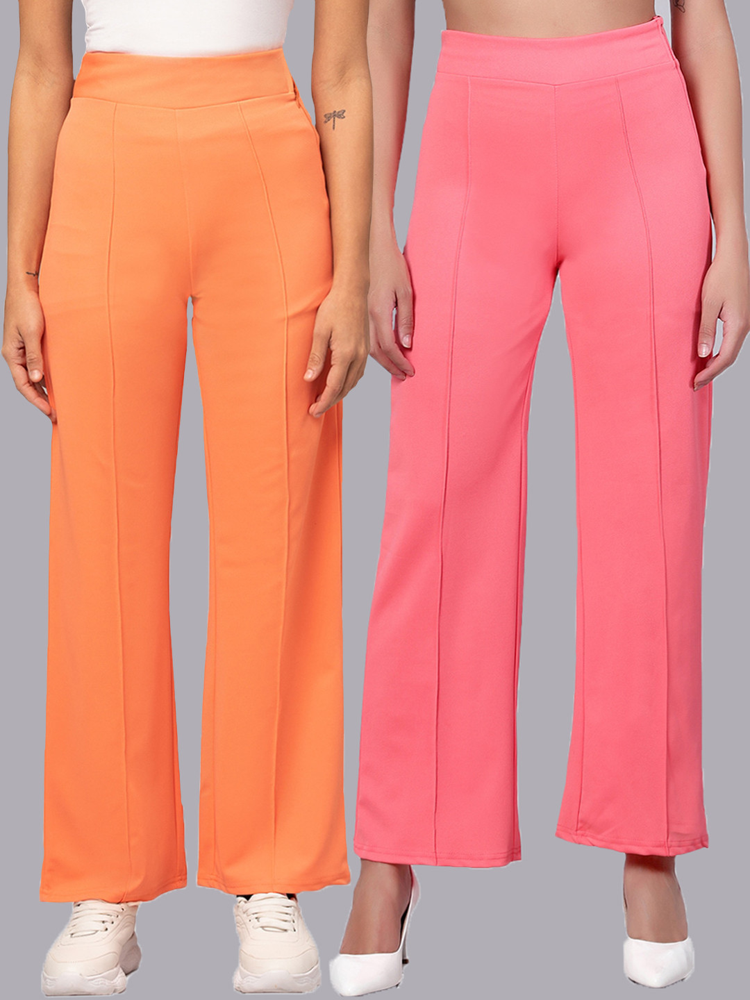 

Kotty Women Pack Of 2 Straight Fit High-Rise Easy Wash Trousers, Orange