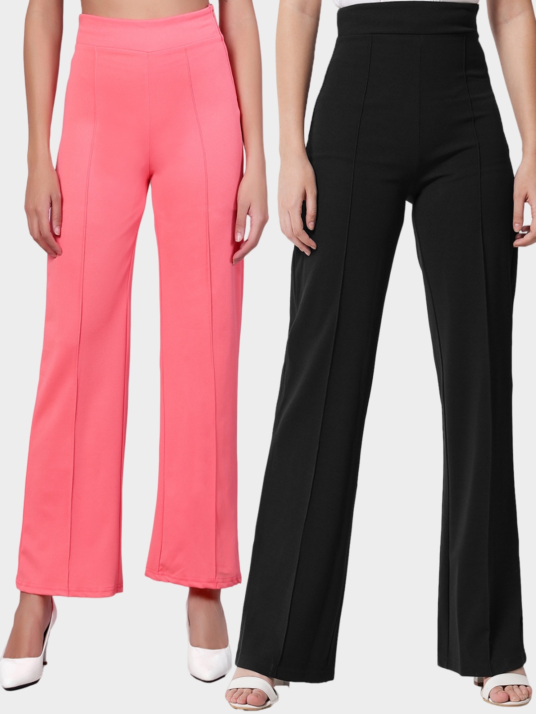 

Kotty Women Pack Of 2 Straight Fit High-Rise Easy Wash Trousers, Pink