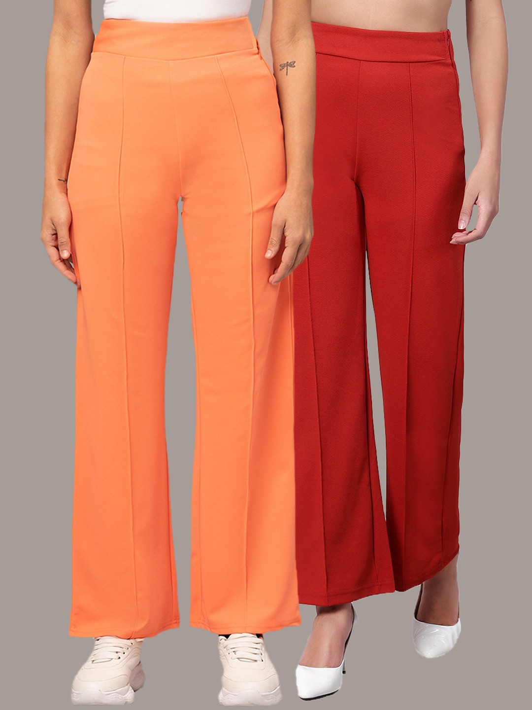 

Kotty Women Pack Of 2 Straight Fit High-Rise Easy Wash Trousers, Orange