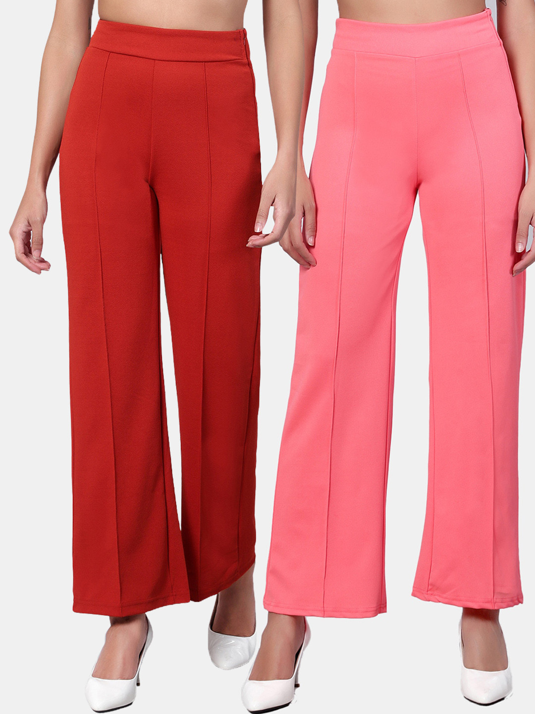 

Kotty Women Pack Of 2 Straight Fit High-Rise Easy Wash Trousers, Red
