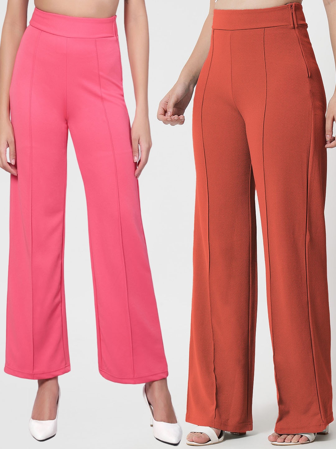 

Kotty Women Pack Of 2 Straight Fit High-Rise Easy Wash Trousers, Pink