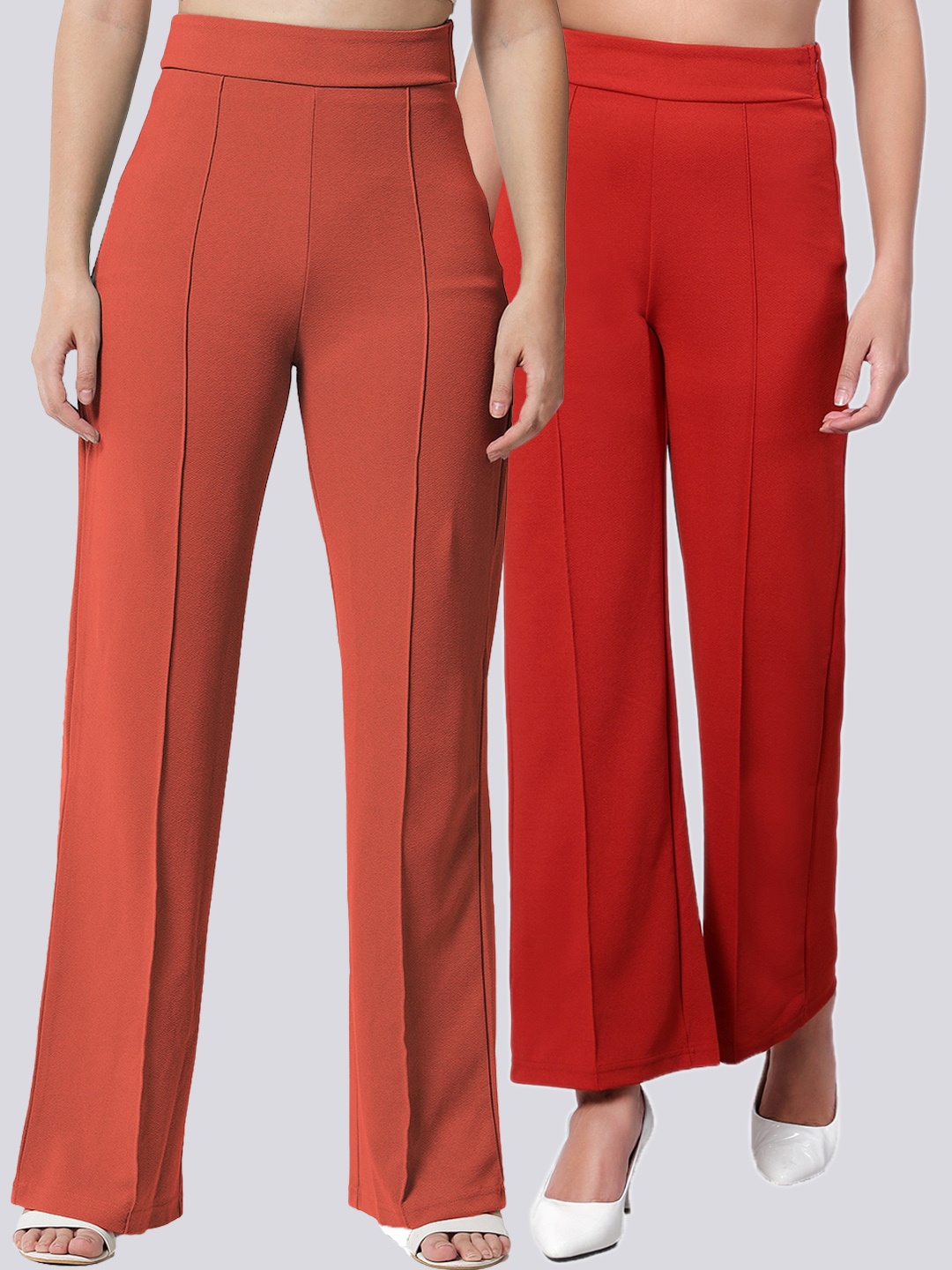 

Kotty Women Pack Of 2 Straight Fit High-Rise Easy Wash Trousers, Orange