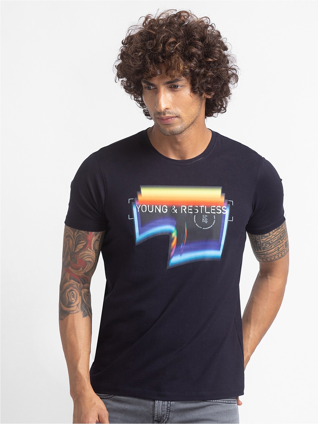 

SPYKAR Graphic Printed Cotton T-shirt, Navy blue