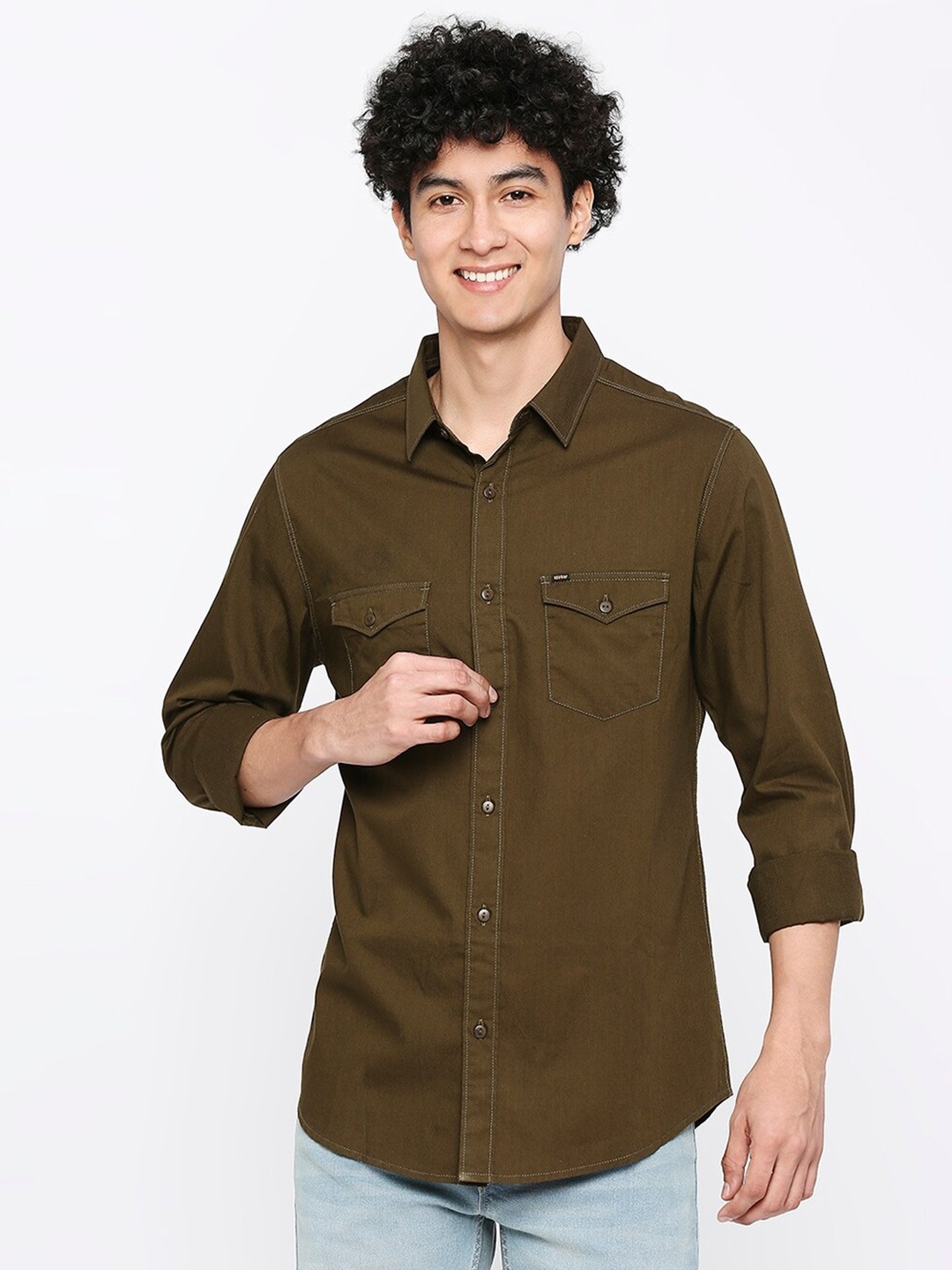 

SPYKAR Long Sleeves Slim Fit Cotton Casual Shirt, Green