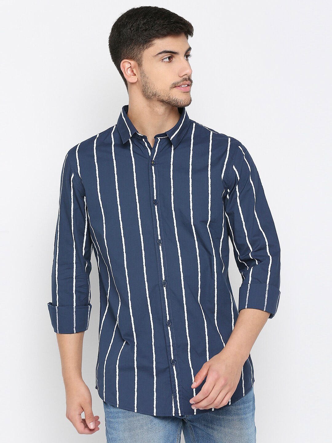 

SPYKAR Striped Long Sleeves Slim Fit Cotton Casual Shirt, Navy blue