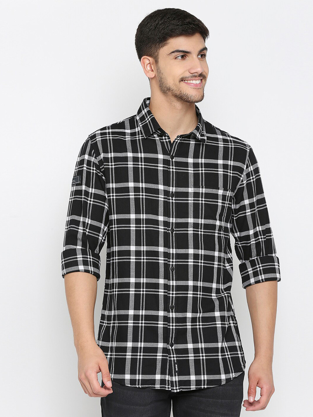 

SPYKAR Tartan Checked Slim Fit Cotton Casual Shirt, Black