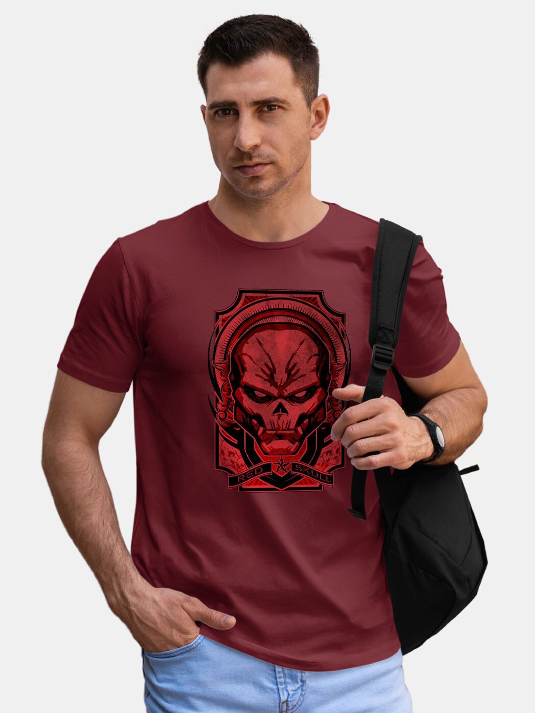 

macmerise Red Skull Superhero Printed Bio Finish Cotton T-shirt