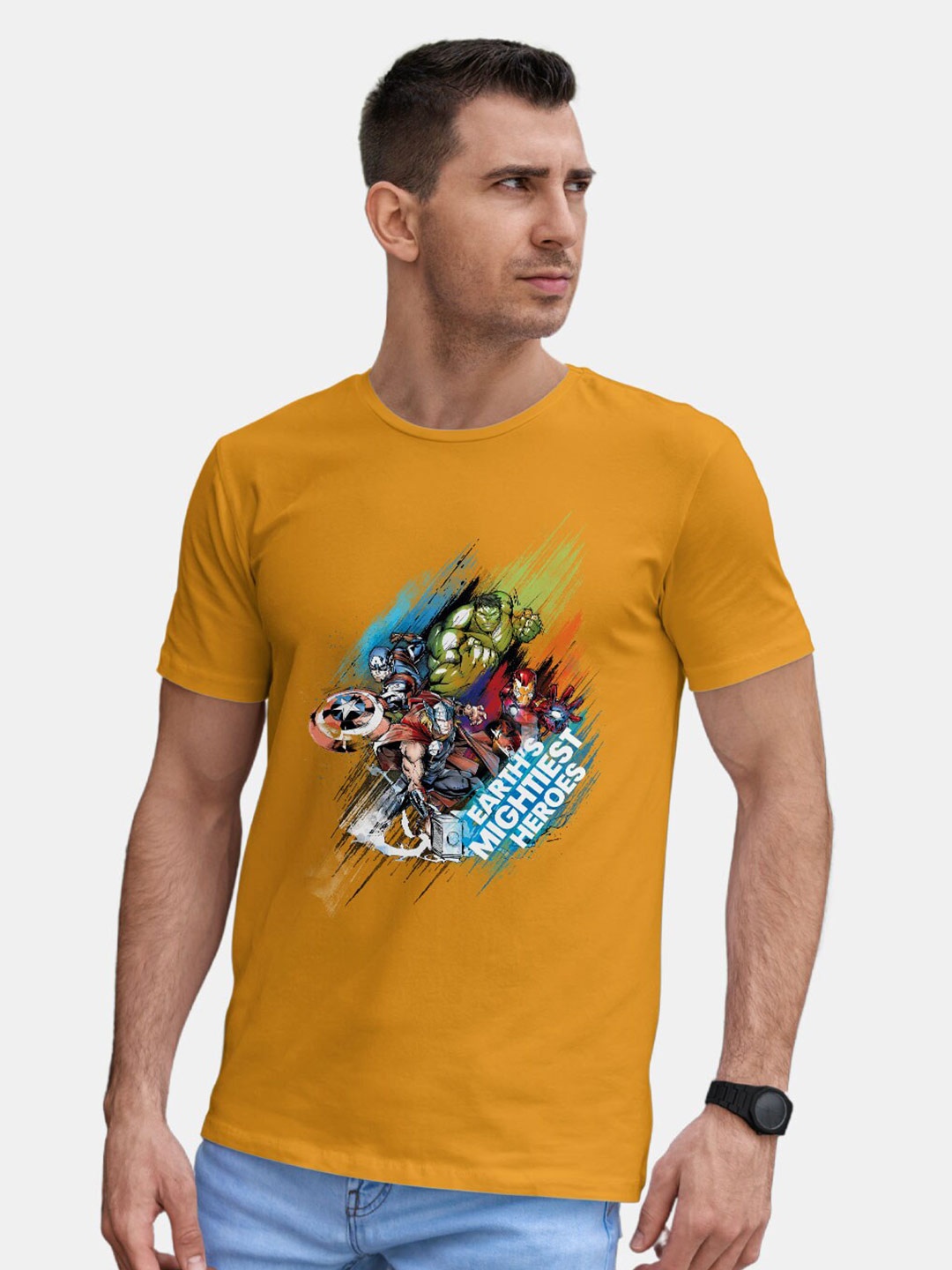 

macmerise Avengers Printed Round Neck Bio Finish Cotton T-shirt, Yellow